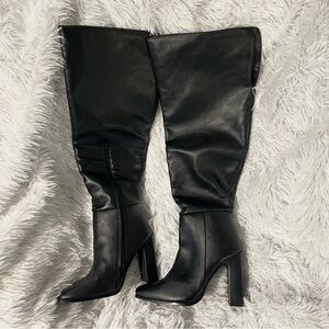 Black Over Knee high faux leather high heel fall winter boots.